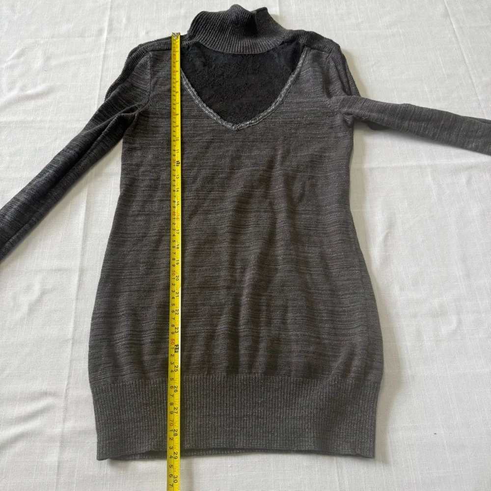 Free People Lace Insert Turtleneck Sweater Gray Metallic Stretch Pullover Size M